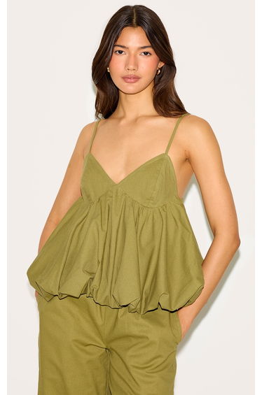 Olive Strappy Puffball Cami Top
