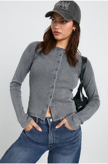 Acid Wash Button Through Long Sleeve Top - charcoal