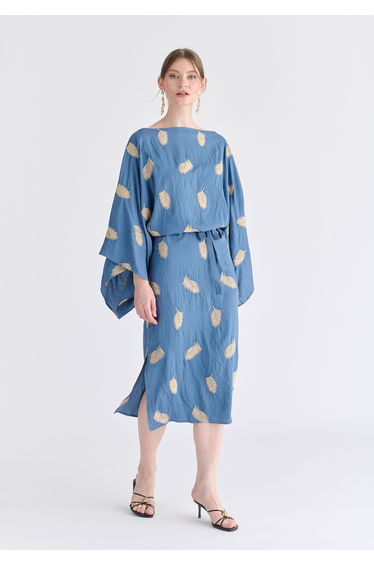 Leaf Embroidered Kimono Sleeves Midi Dress