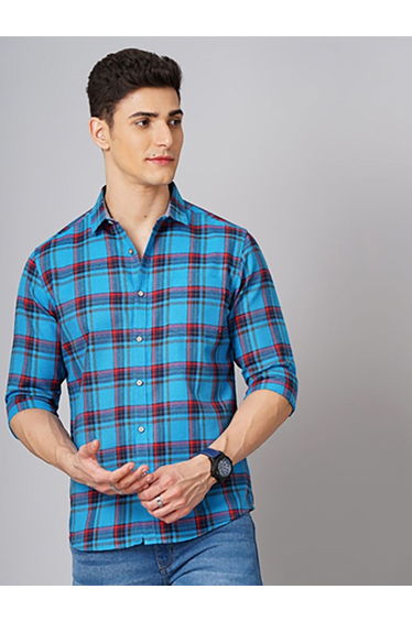 Men Blue Checked Spread Collar Shirt