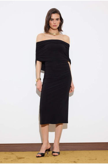 Black Bodycon Carmen Collar Sleeveless Stretchy Knitted Dress