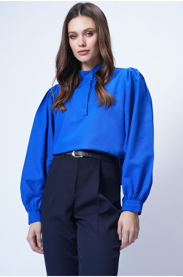 Women's Cobalt Judge Collar Half Placket Balloon Sleeve Poplin Shirt Blouse