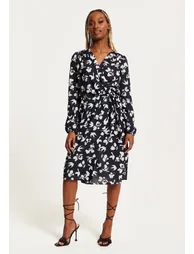 Women's Midi Wrap Dress in Navy with Long Sleeves - 1