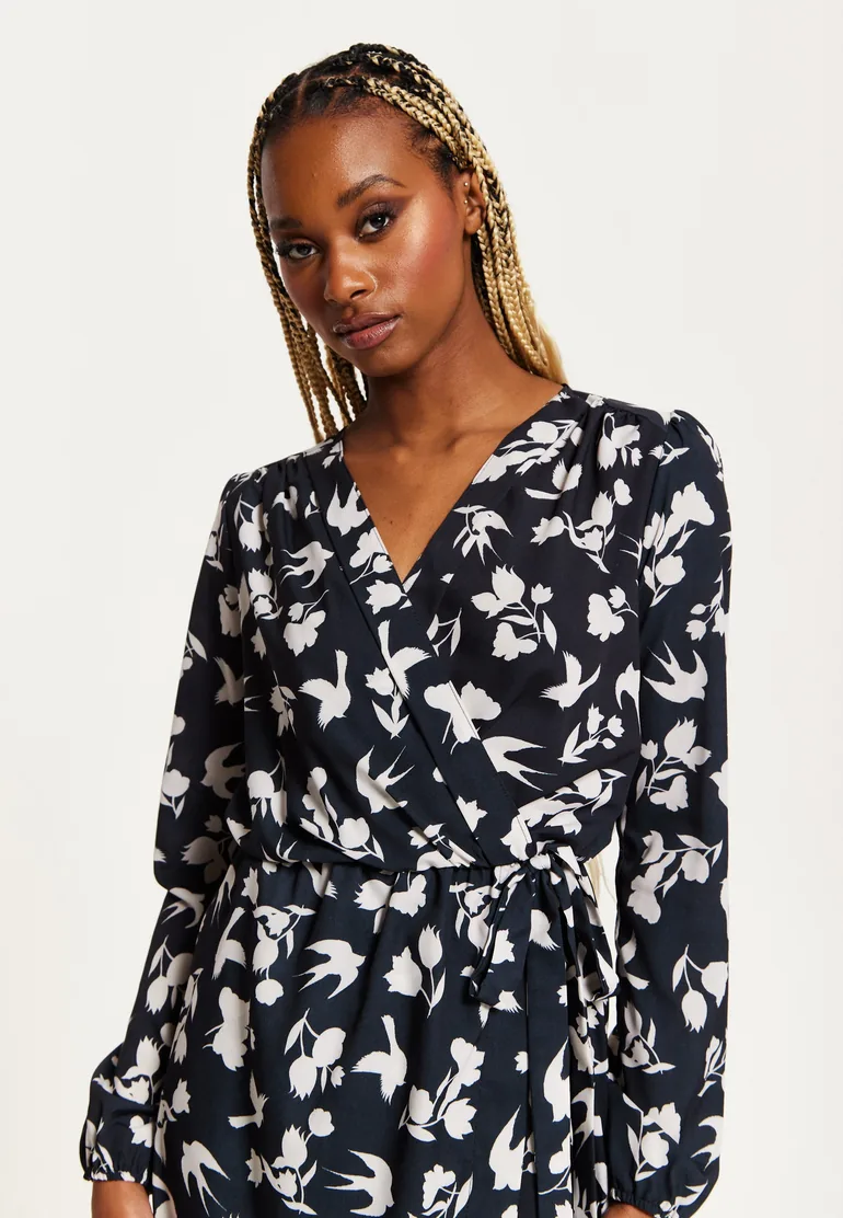 Women's Midi Wrap Dress in Navy with Long Sleeves - 4