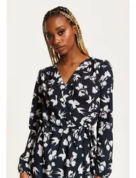 Women's Midi Wrap Dress in Navy with Long Sleeves - 4