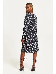 Women's Midi Wrap Dress in Navy with Long Sleeves - 5