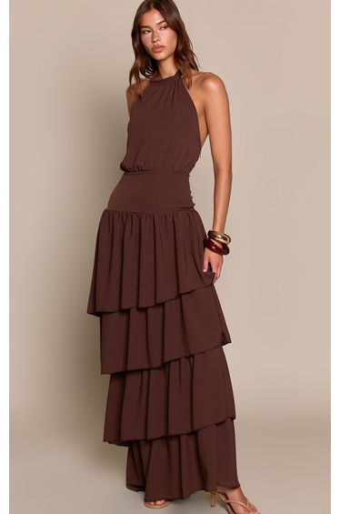 Chocolate High Neck Tiered Maxi Dress