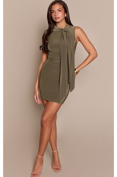 Khaki Double Layer Slinky Sleeveless Knot Drape Mini Dress