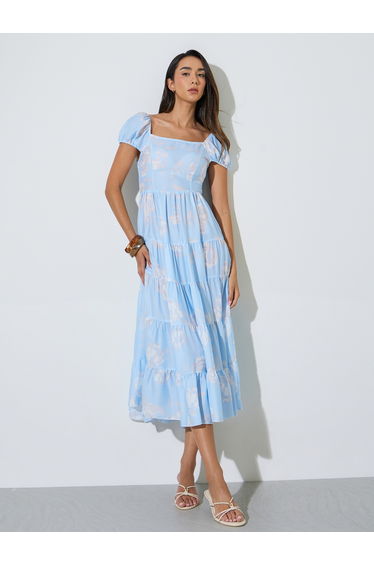 Blue Floral Print Tiered Midi Dress