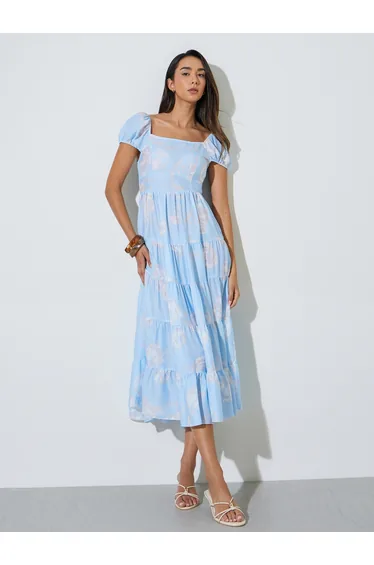 Blue Floral Print Tiered Midi Dress