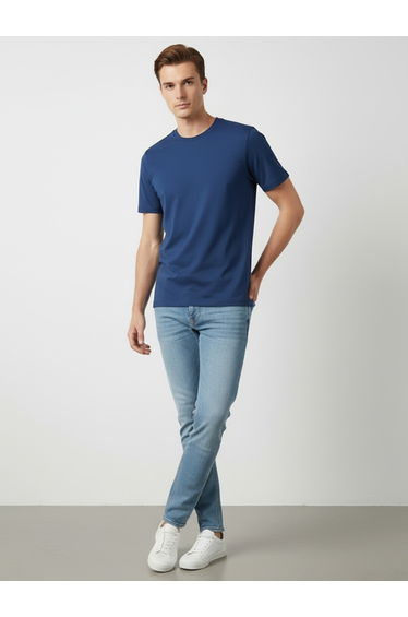 Men Navy Blue Round Neck Cotton T-Shirt