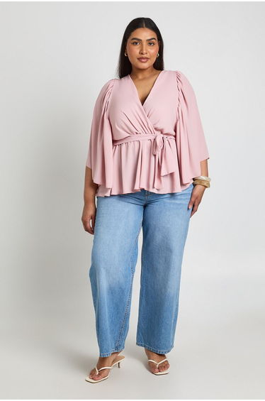 Plus Angel Sleeve Wrap Peplum Blouse - baby pink
