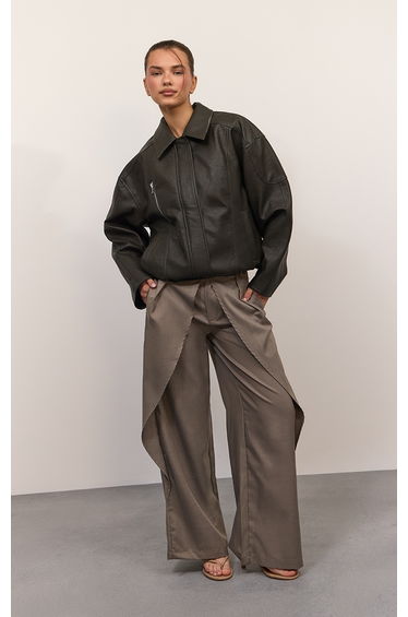 Khaki Concealed Placket Oversized Faux Leather Jacket