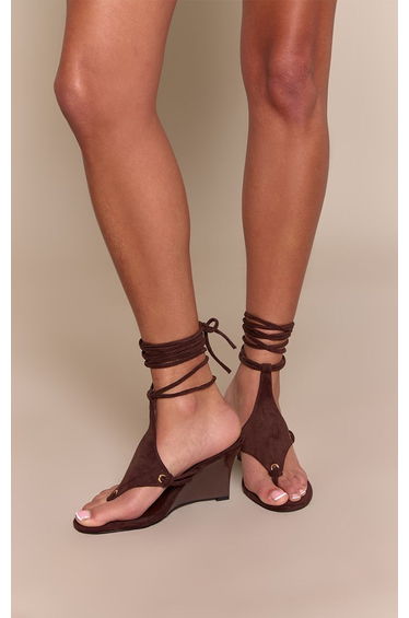 Chocolate Triangle Lace Up Toe Thong Wedges