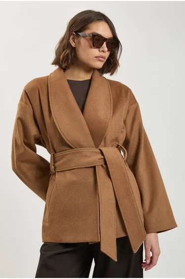 Brushed Wool Belted Wrap Tailored Short Coat