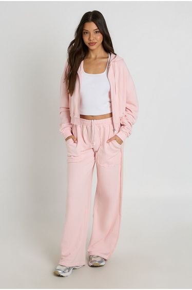 Washed Loopback Distressed Straight Leg Jogger - light pink