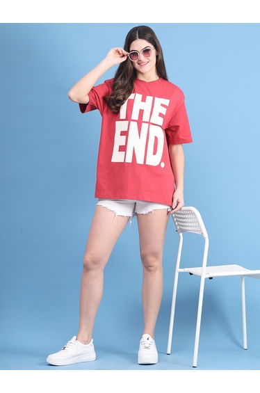 Women Red Oversized Graphic Print T-Shirt