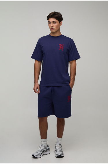 Regular Fit Lobster Embroidered T-Shirt & Regular Fit Short Set - navy