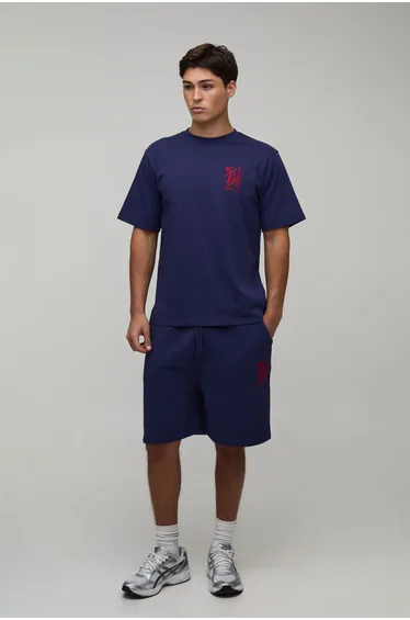 Regular Fit Lobster Embroidered T-Shirt & Regular Fit Short Set - navy