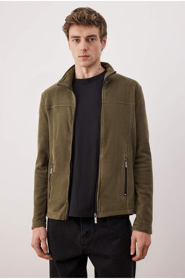 Khaki regular/normal cut zippered fleece sweatshirt
