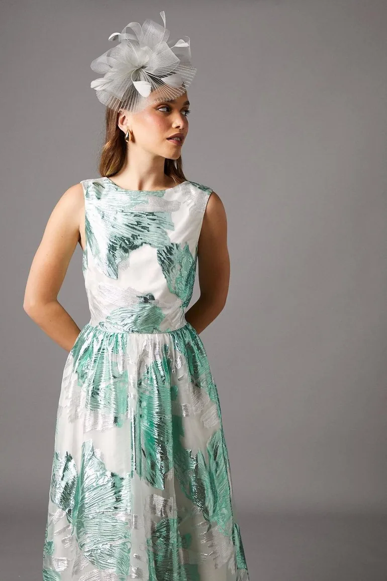 Sleeveless Jacquard Fit And Flare Midi Dress - 1