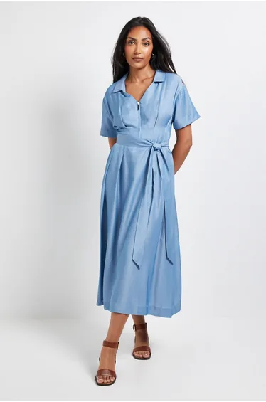 Petite Denim Look Zip Belted Midi Dress