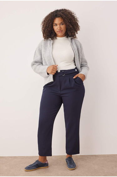 Navy Blue Adjustable Waist Belt Woven Plus Size Fabric Trousers