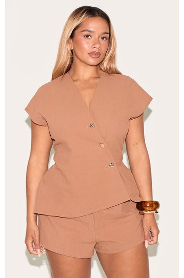 Shape Mocha Linen Asymetrical Gold Hammered Button Adjustable Waistcoat