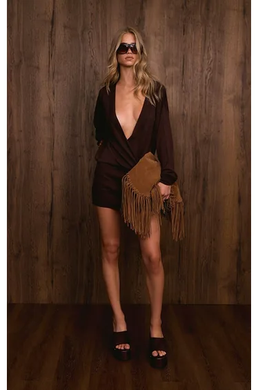 Chocolate Filagree Knit Deep Plunge Crossover Mini Dress