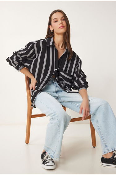 Women's Black Striped Woven Shirt