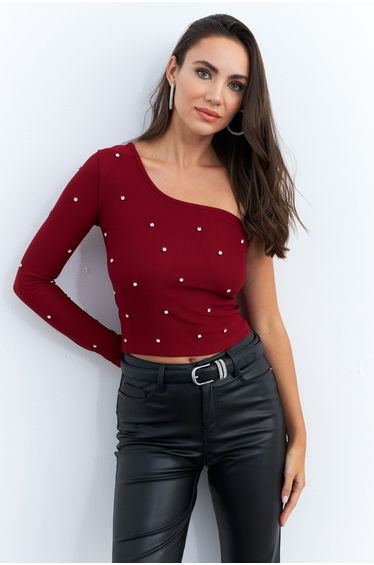 Women's Burgundy Stoned Single Sleeve Crop Blouse