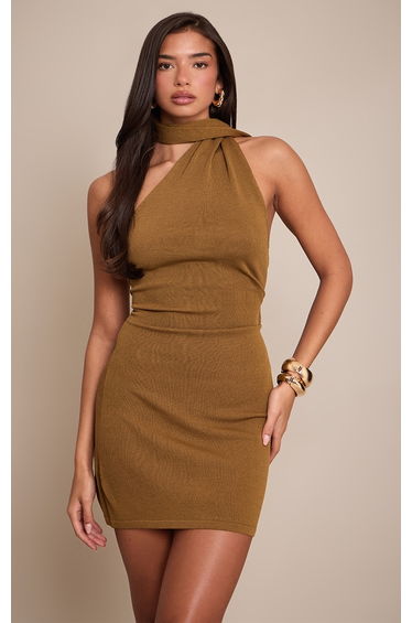 Khaki Scarf Detail Knitted Mini Dress