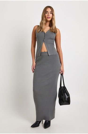 Chunky Rib V Neck Knitted Waistcoat and Maxi Skirt Co-Ord - grey