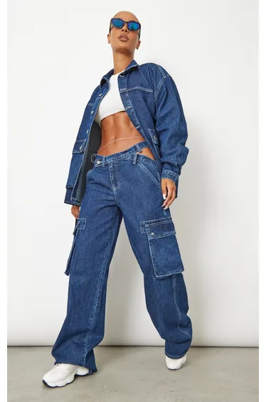 Dark Blue Wash Cut Out Asymmetric Waistband Cargo Jeans