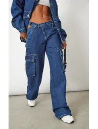 Dark Blue Wash Cut Out Asymmetric Waistband Cargo Jeans - 1
