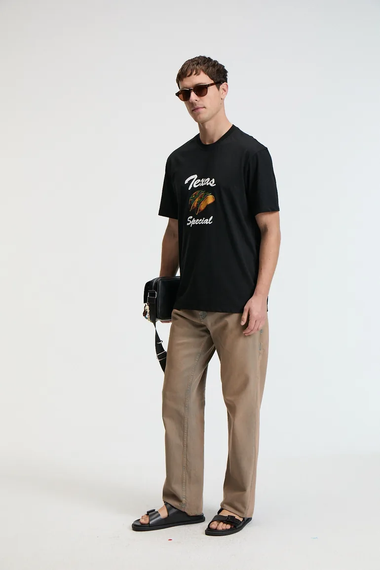 GRIMELANGE CRISP Men's Oversize 100% Cotton Printed Crew Neck Black T-Shirt