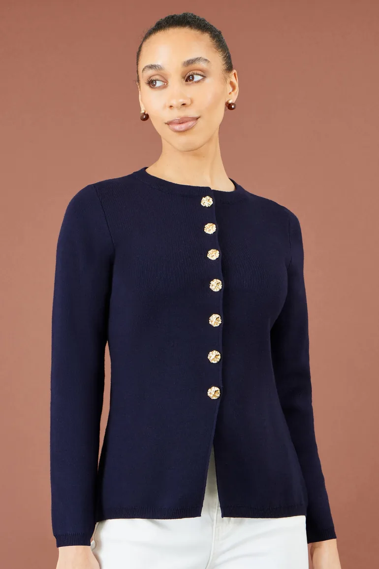 Yumi Navy Knitted Fitted Peplum Cardigan - 1