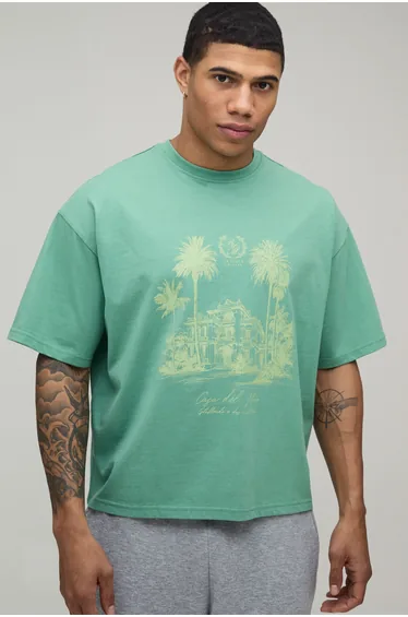 Palm Drive Print Oversized Boxy T-shirt - soft green