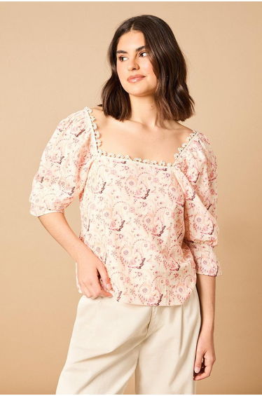 Printed Square Neck Puff Sleeve Top