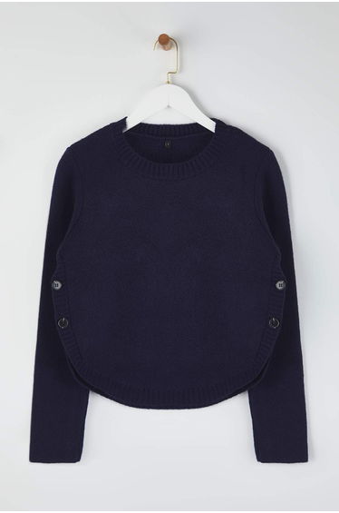 Navy Blue Wide-Cut Soft Textured Button Detailed Knitwear Sweater