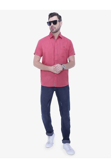 Men Pink Linen Blend Short Sleeve Shirt