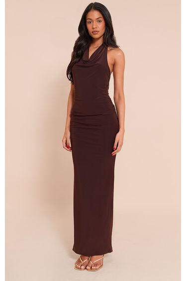 Tall Chocolate Matte Sculpt Halterneck Gold Detail Backless Top
