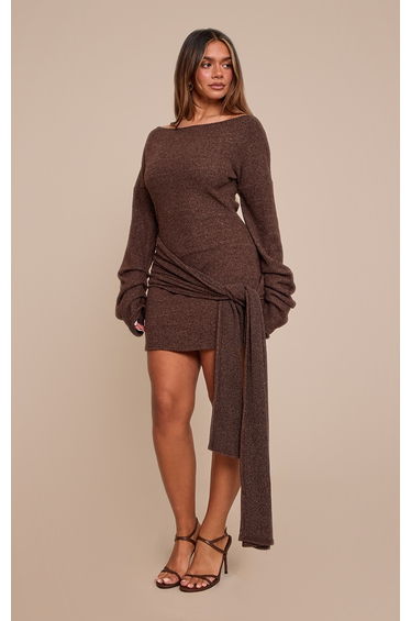 Shape Chocolate Brushed Rib Boat Neck Wrap Waist Mini Dress