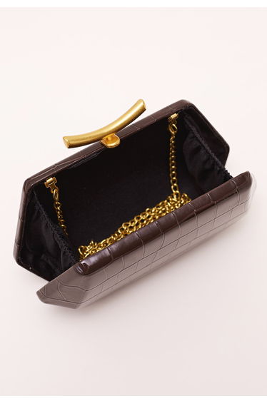 Luxury Croc Embossed Geometric Clutch in Coffee Brown for Gala Dinners & Wedding Receptions