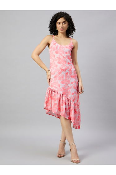 Pink Floral Print Strappy Midi Dress