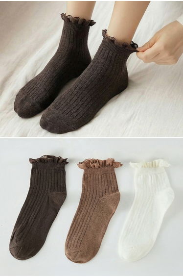 Brown-Multicolored 3-Pack Floral Lace Detail Jacquard Knit Socks