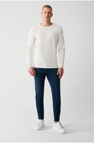 Men's Ecru Crew Neck Printed Rayon Knitwear Sweater