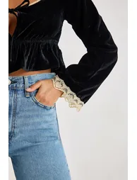 Velvet Lace Trim Tie Front Long Sleeve Top - 2