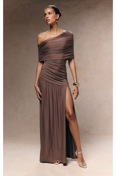 Taupe Double Layer Slinky Bardot One Shoulder Ruched Maxi Dress