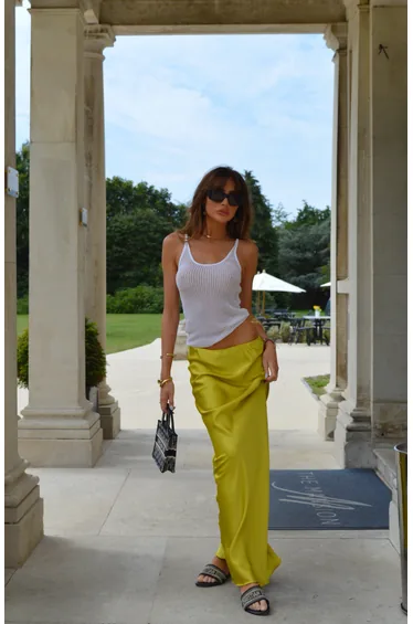 Chartreuse Satin Bias-Cut Midi-Skirt